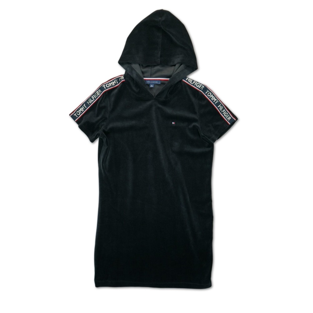 Tommy Hilfiger Captain Black Velour Hooded Logo Tape Dress Size S Short Sleeve